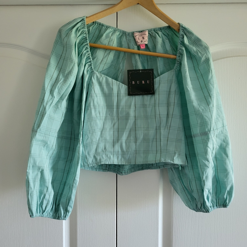 BURU Mint Green Plaid Cropped Blouse - Small - NWT - Balloon Sleeves